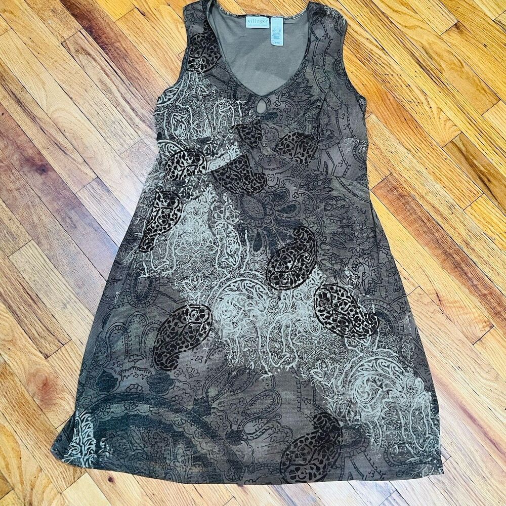 Villager Liz Claiborne Vintage Mesh Overlay Dress Brown Paisley Whimsygoth XL